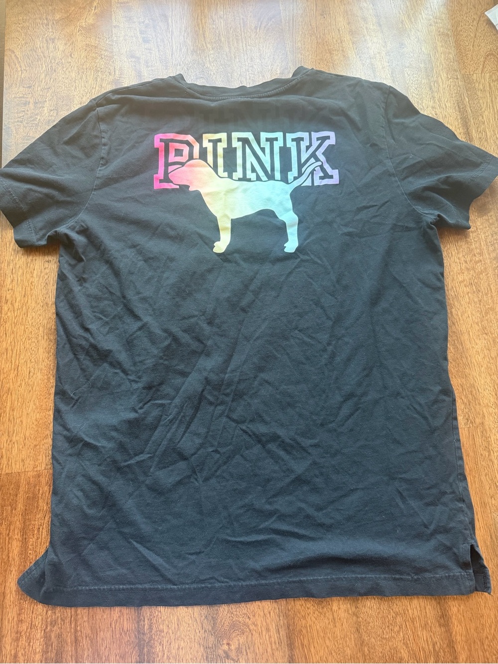 PINK Victoria's Secret Black Tee with Rainbow Ombre Dog Logo
